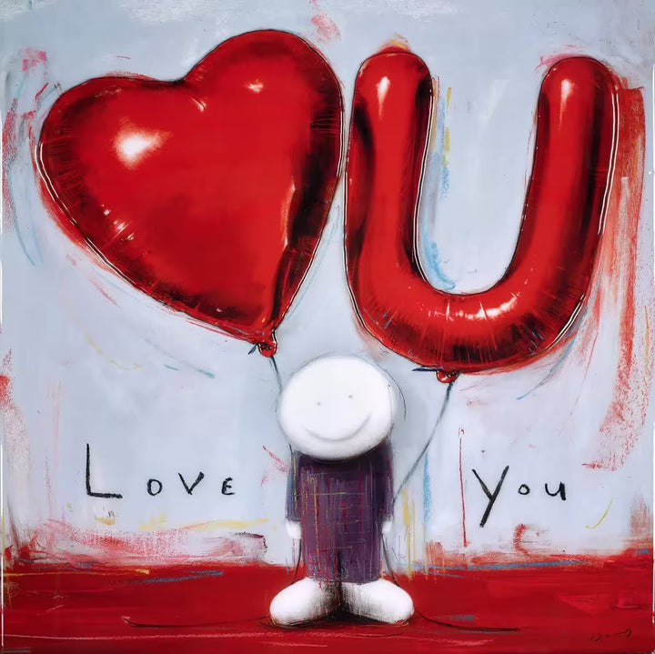 A Doug Hyde limited edition of a person holding a red heart balloon and a red balloon of the letter &