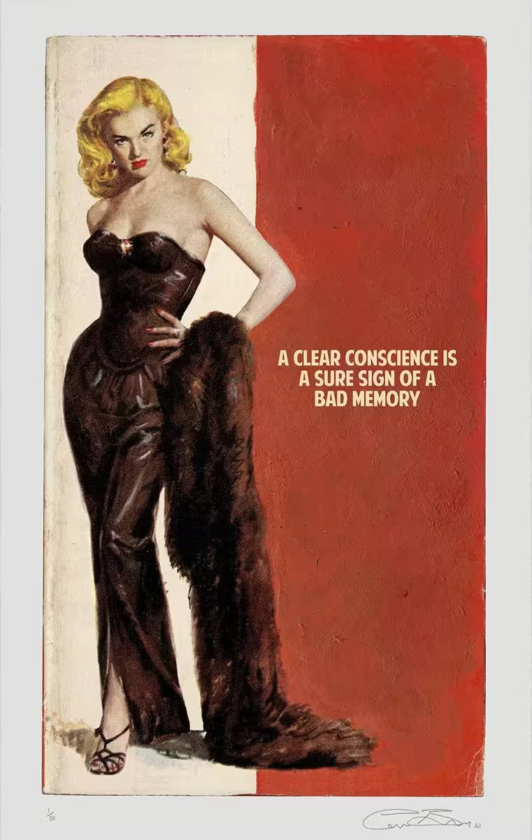 A limited edition piece by The Connor Brothers of a lady in a brown dress and shawl with her hands on her hip, the title is A Clear Conscience