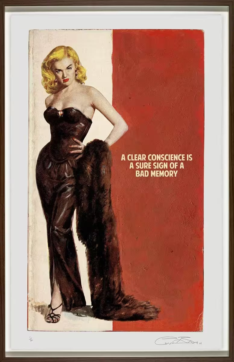 A limited edition framed piece by The Connor Brothers of a lady in a brown dress and shawl with her hands on her hip, the title is A Clear Conscience