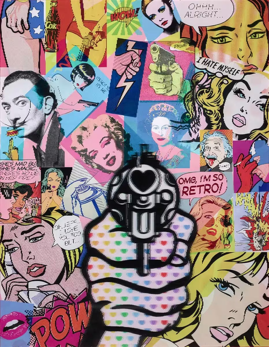 A Dan Pearce limited edition piece of magazine and comic cuttings and a hand holding a gun to the viewer, the title is Aim For Love