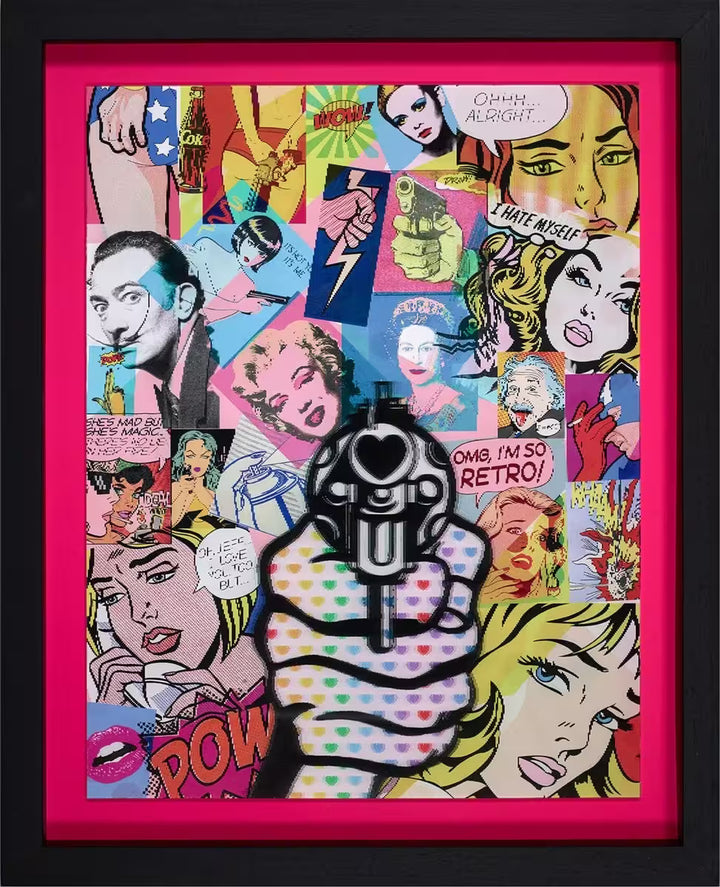 A Dan Pearce limited edition piece of magazine and comic cuttings and a hand holding a gun to the viewer, the title is Aim For Love