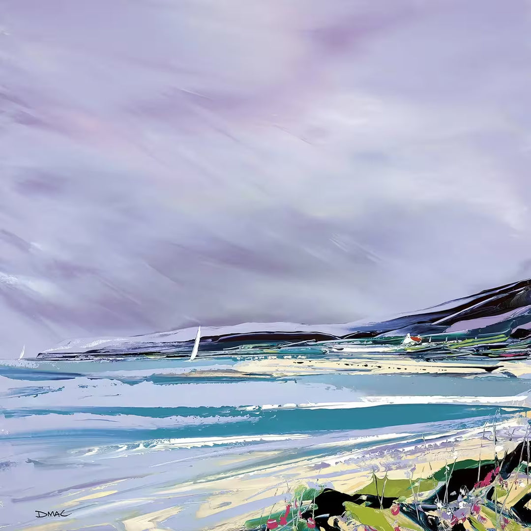 A Duncan MacGregor limited edition piece of an abstract shoreline with sailing boats, the title is Between Sea and Sky