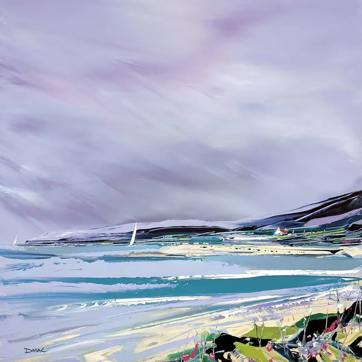 A Duncan MacGregor limited edition piece of an abstract shoreline with sailing boats, the title is Between Sea and Sky