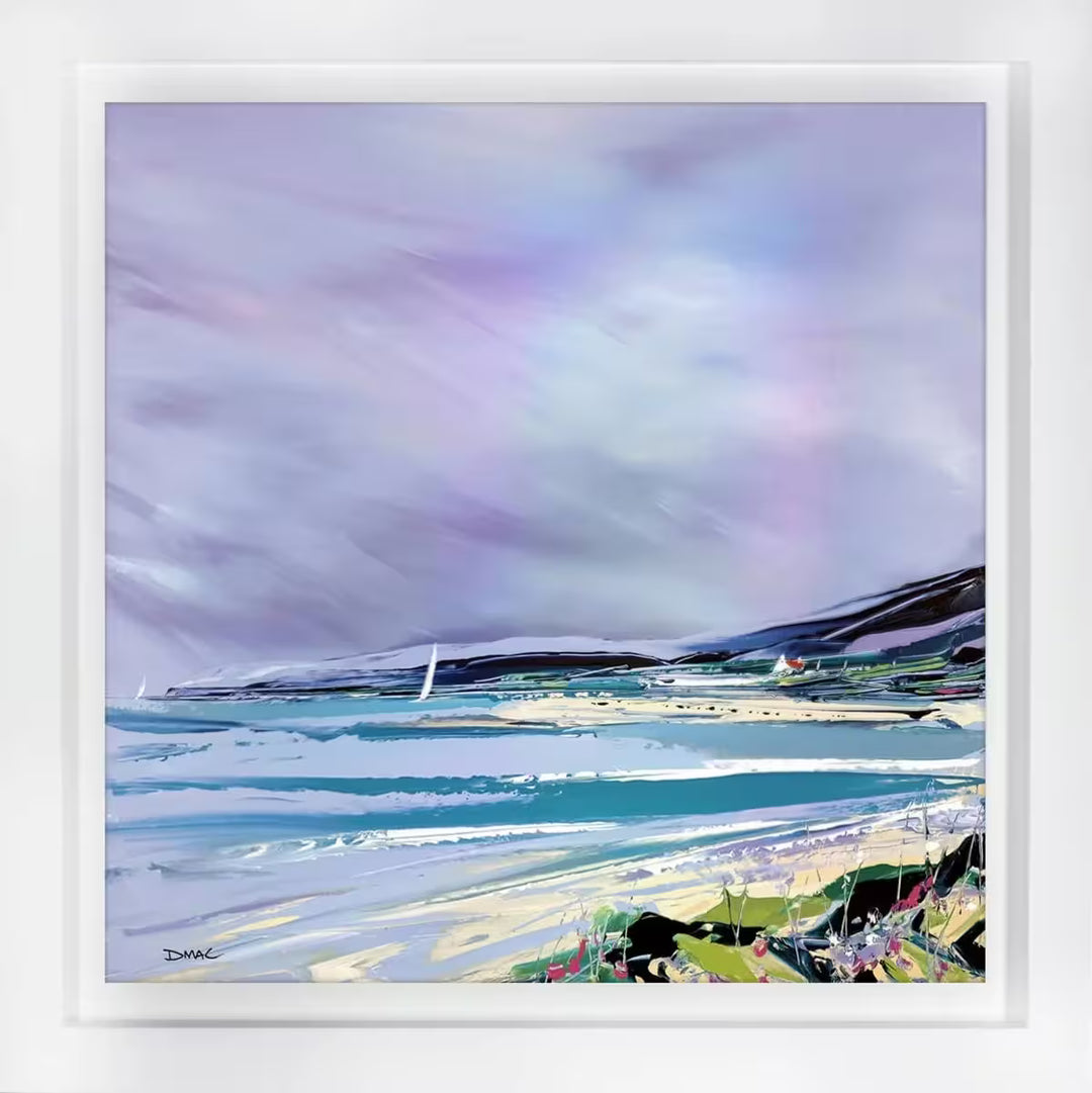 A Duncan MacGregor limited edition piece of an abstract shoreline with sailing boats, the title is Between Sea and Sky