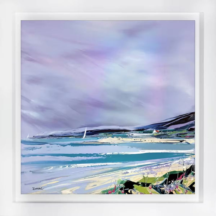 A Duncan MacGregor limited edition piece of an abstract shoreline with sailing boats, the title is Between Sea and Sky