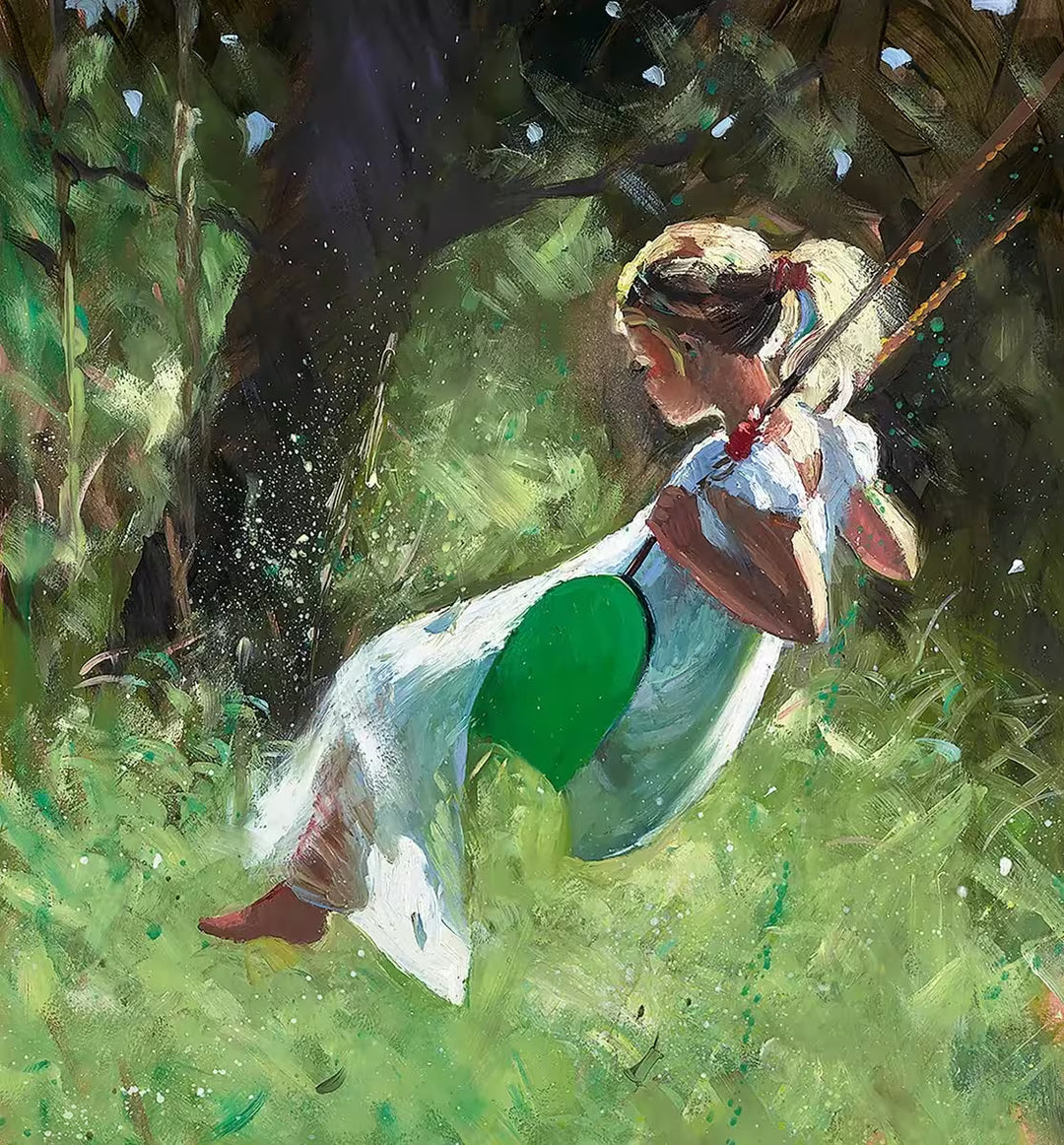 A Sherree Valentine Daines limited edition of a girl in a white dress on a swing, the title is Carefree Summer's Day