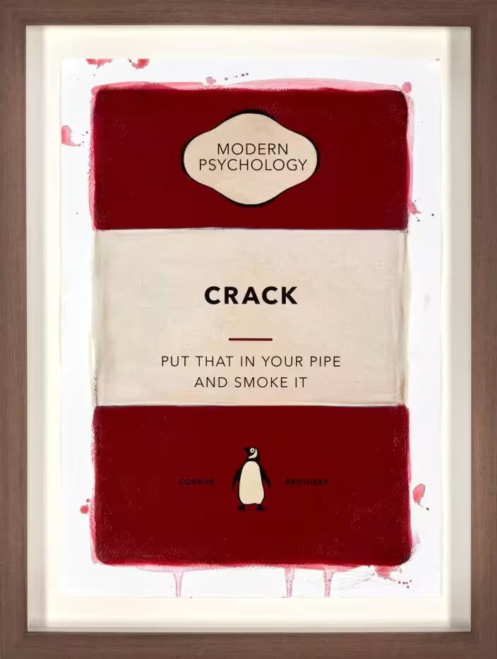 A limited edition framed print by The Connor Brothers of a penguin book cover with a witty line across the front, the title is Crack