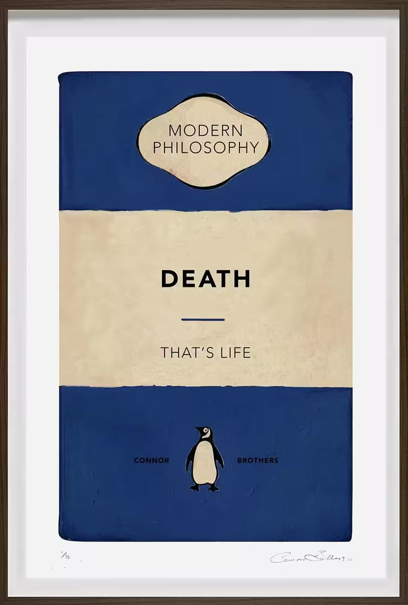 A limited edition framed print by The Connor Brothers of a penguin book cover with a witty line across the front, the title is Death: That&