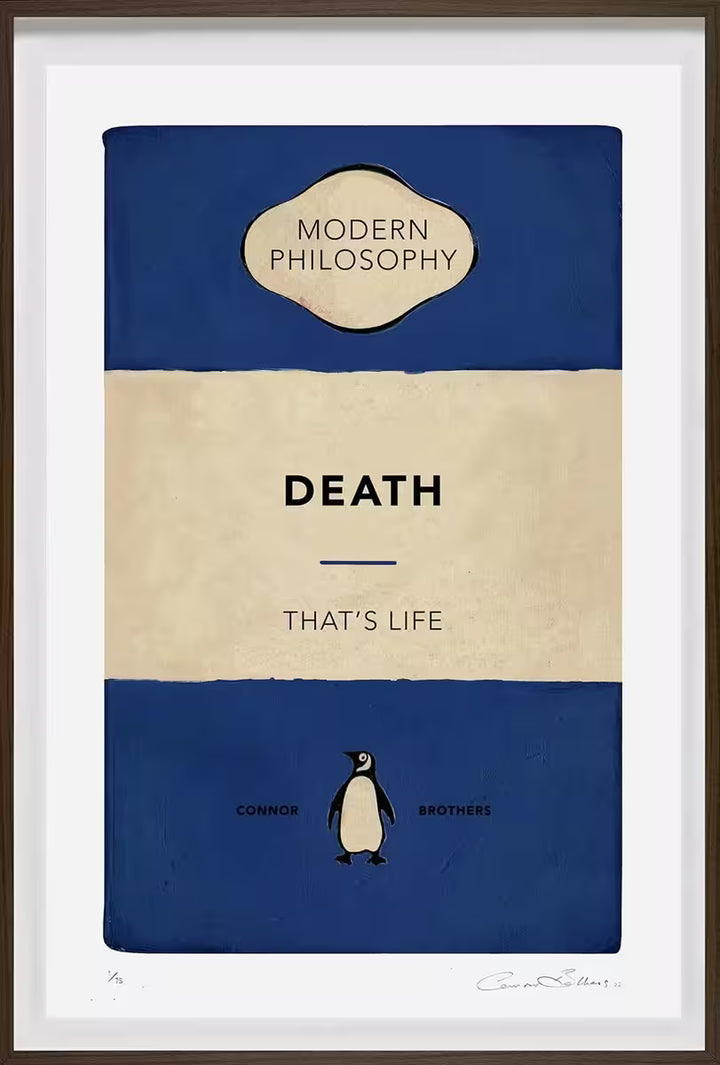 A limited edition framed print by The Connor Brothers of a penguin book cover with a witty line across the front, the title is Death: That&