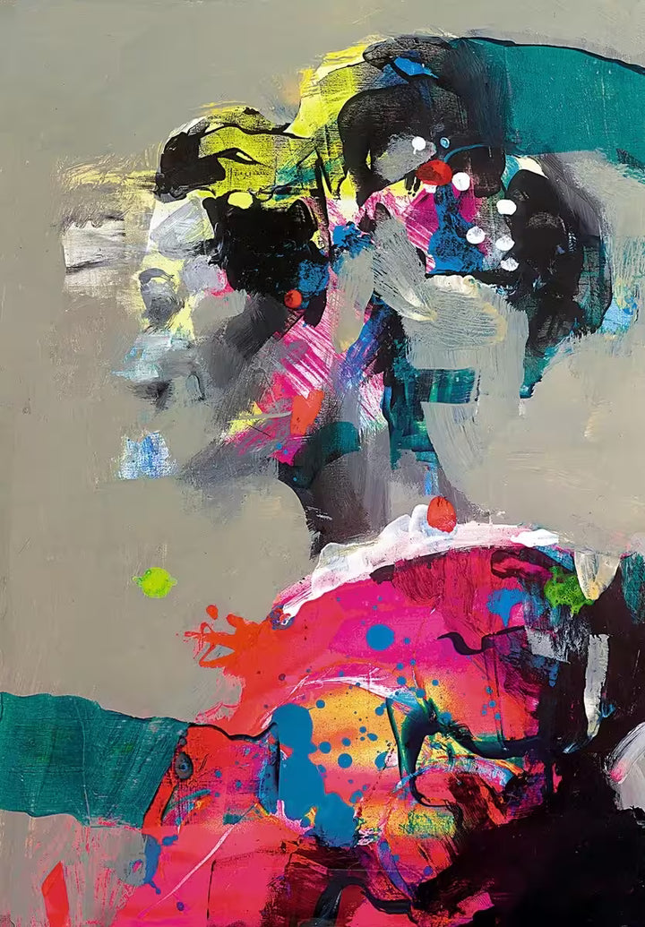 A limited edition by Christian Hook of a geisha, her face is blurred and her dress and headpiece is full of bright colours, the title is Drawings From Somewhere Else II