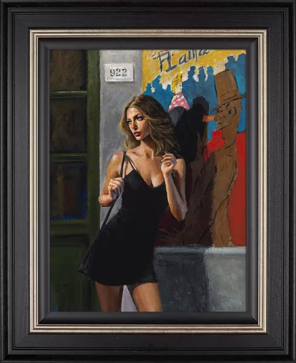 A Fabian Perez framed limited edition of a girl in a black dress leant against a wall, the title is Eden in Tolouse