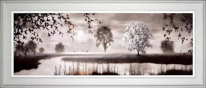 A John Waterhouse limited edition of a misty lake with a tree and deers foraging, the title is Explorations
