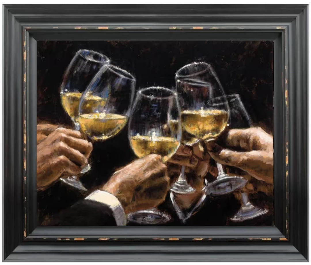 A Fabian Perez framed limited edition of glasses being cheered, the title is For a Better Life