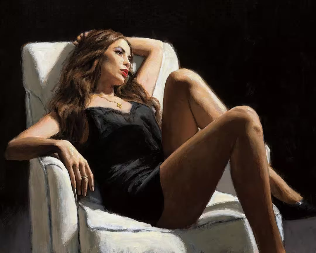 A Fabian Perez limited edition of a lady in a black dress posing on a chair, the title is At The Four Seasons I