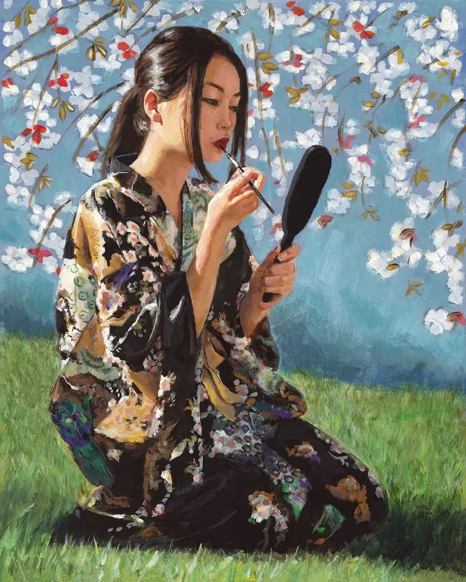 A Fabian Perez limited edition piece of a geisha sat under a blossoming tree applying lipstick, the title is Geisha With White Flowers II