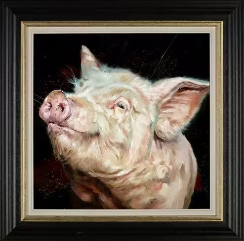 A Debbie Boon framed limited edition of a pig, the title is Happy Days