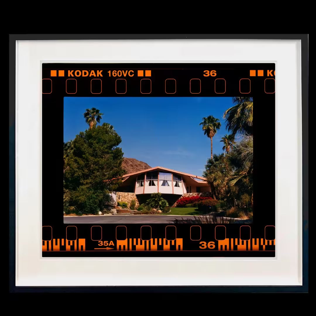 A framed limited edition photograph by Richard Heeps using vibrant colours, the title is On the Road Honeymoon Hideaway, Palm Springs, California, 2000