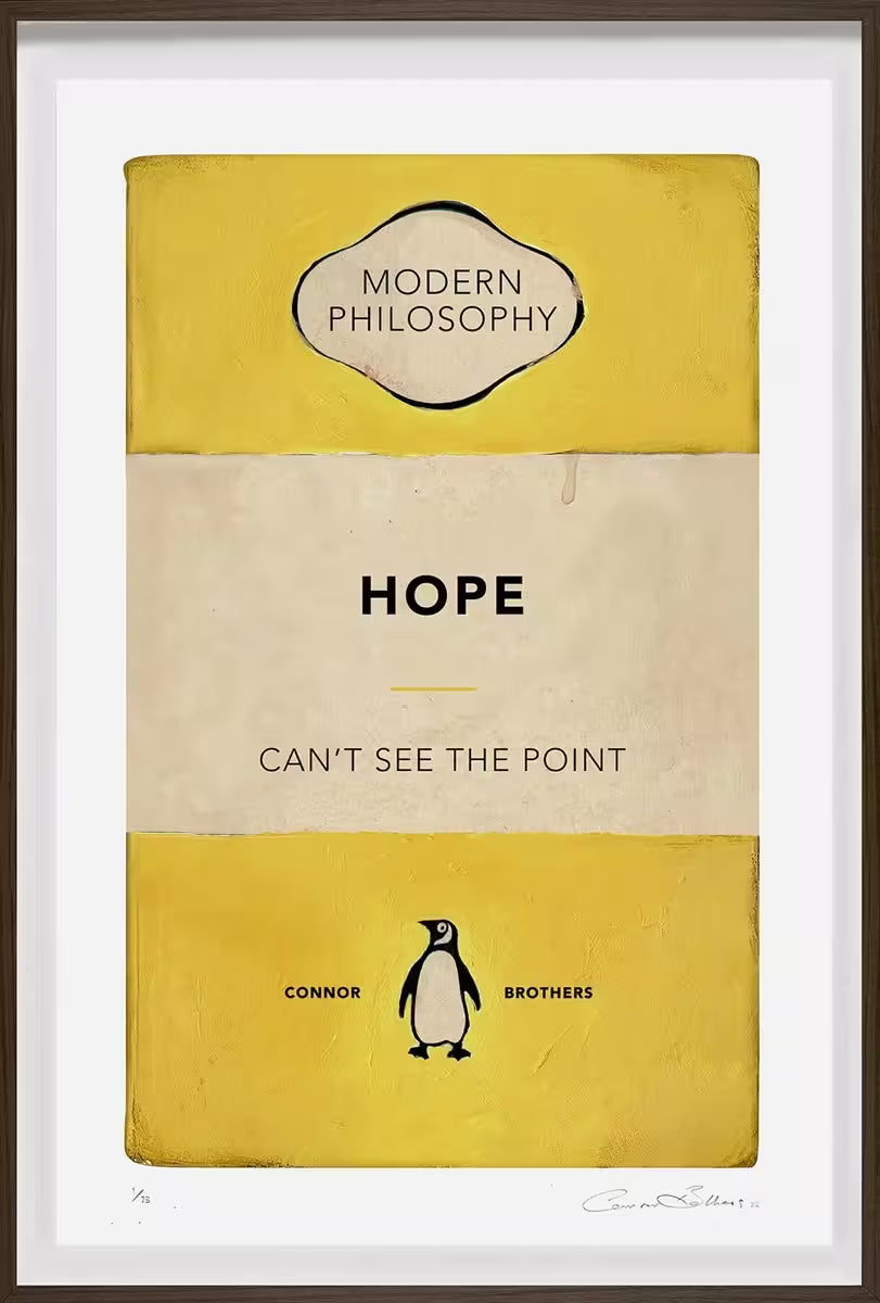 A limited edition framed print by The Connor Brothers of a penguin book cover with a witty line across the front, the title is Hope (Yellow)