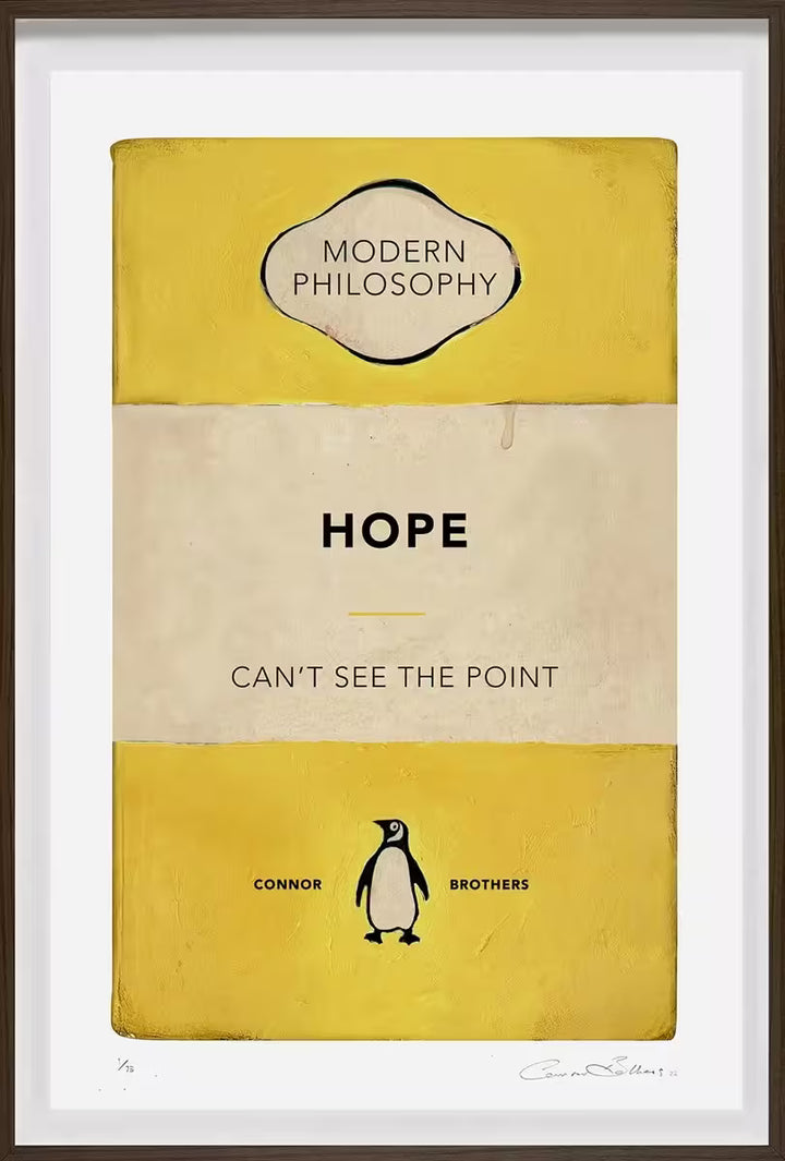A limited edition framed print by The Connor Brothers of a penguin book cover with a witty line across the front, the title is Hope (Yellow)