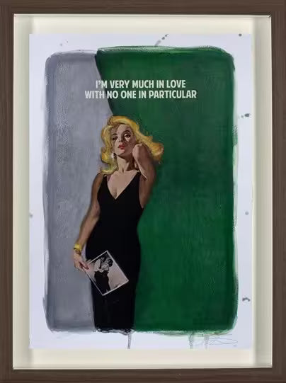 A framed limited edition print by The Connor Brothers of a lady in a dramatic pose with a witty line above her, the title is I&