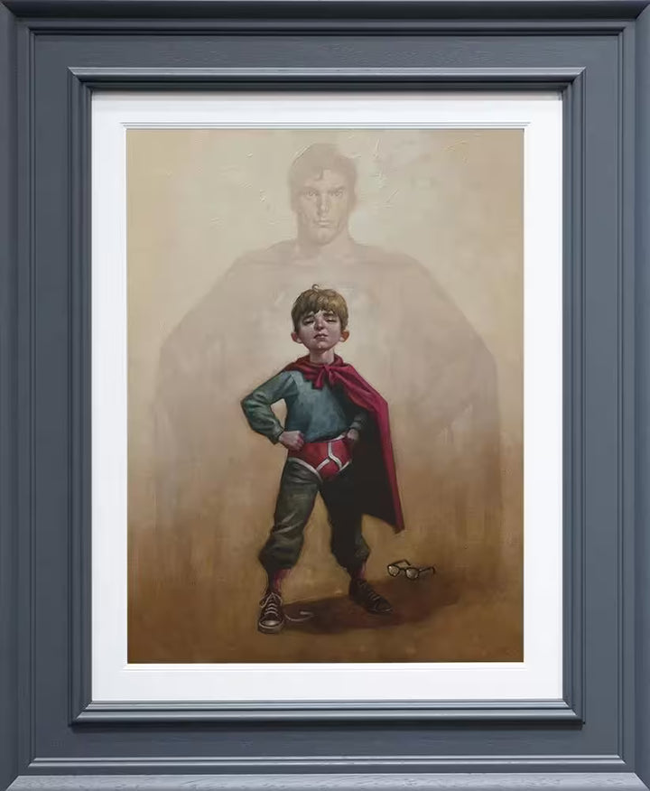 A Craig Davison limited edition of a boy stood with a cape and underwear with a pair of glasses on the floor and superman behind him, the title is Lad of Steel