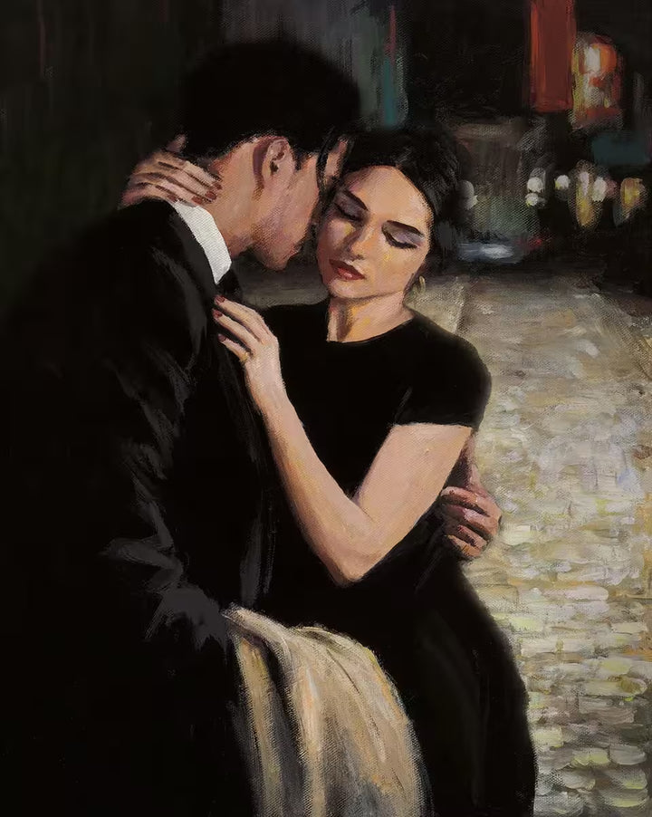 A Fabian Perez limited edition piece of a man and woman holding one another, the title is Love in The City