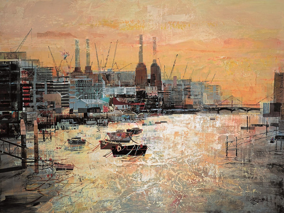 Tom Butlers Low Tide at Battersea shows the famous power station at dusk with calming evening colours