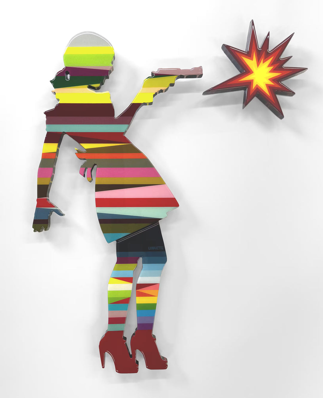 A Lhouette original mixed media sculpture, the title is Little Miss Sunshine - 2 Part Mini Striped Wall Sculpture