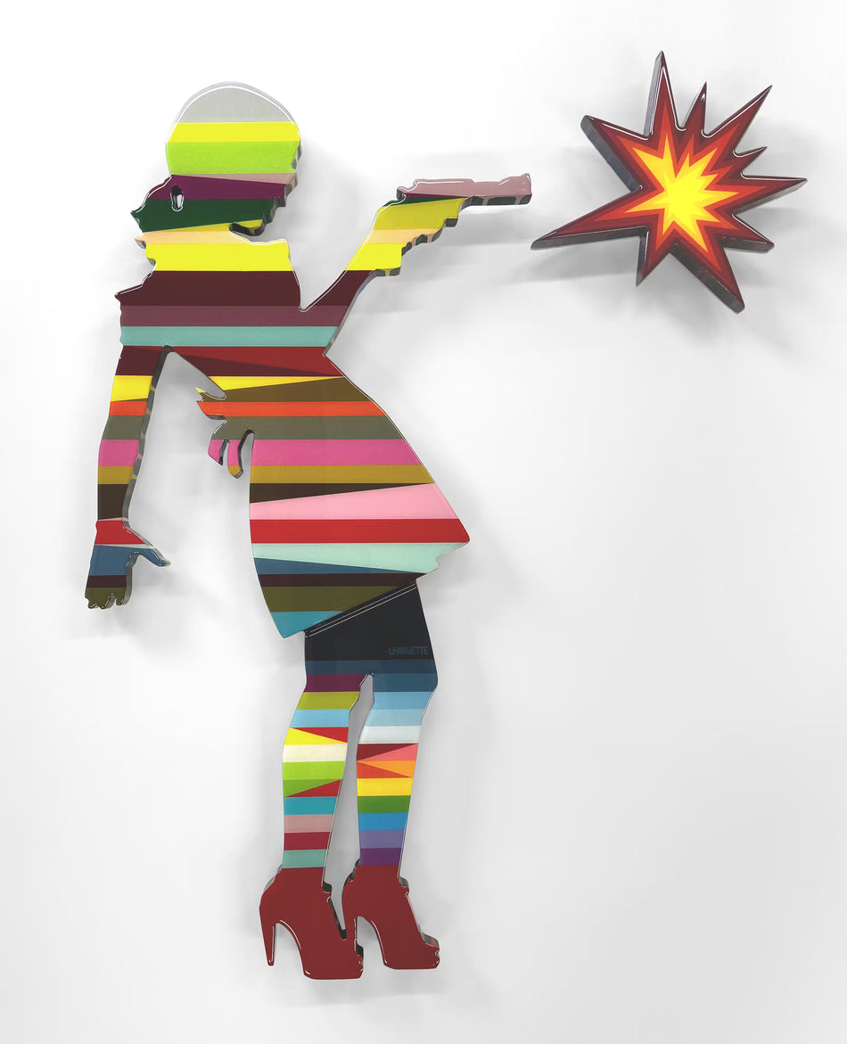 A Lhouette original mixed media sculpture, the title is Little Miss Sunshine - 2 Part Mini Striped Wall Sculpture