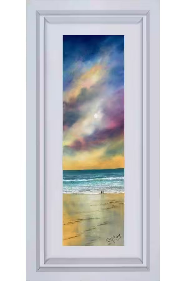 A Philip Gray framed original of a shoreline with a dusky sunset sky, the title is Moonlit Walk IV