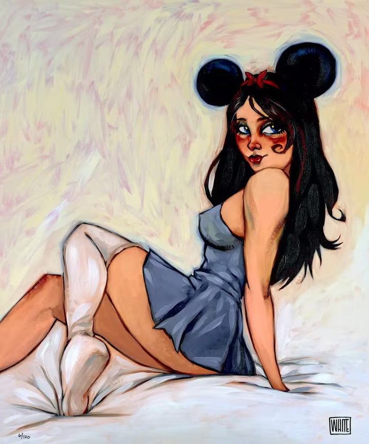 A Todd White limited edition of a girl in a dress with mouse ears on a bed, the title is  My Mouseketeer