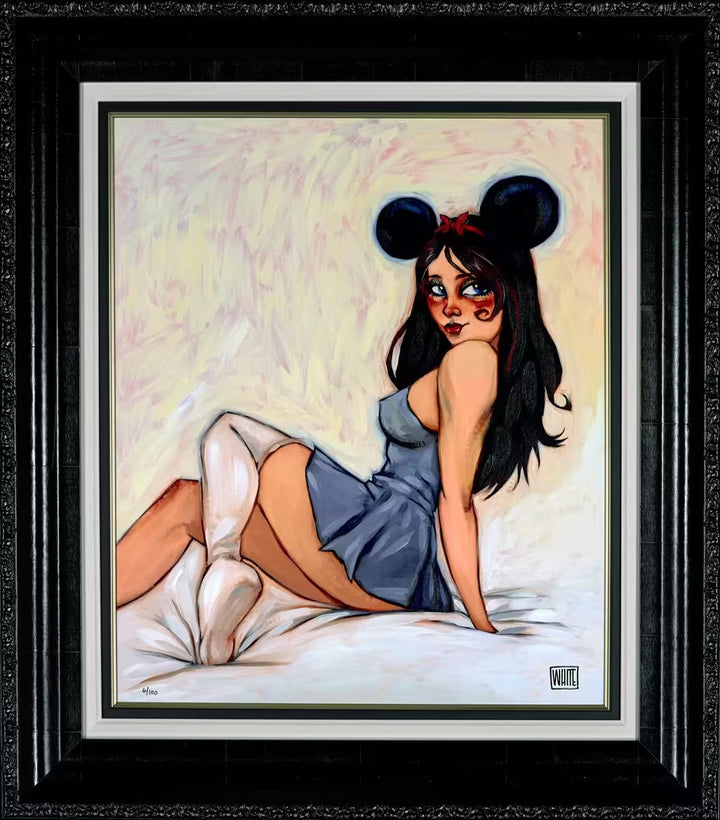 A Todd White framed limited edition of a girl in a dress with mouse ears on a bed, the title is  My Mouseketeer