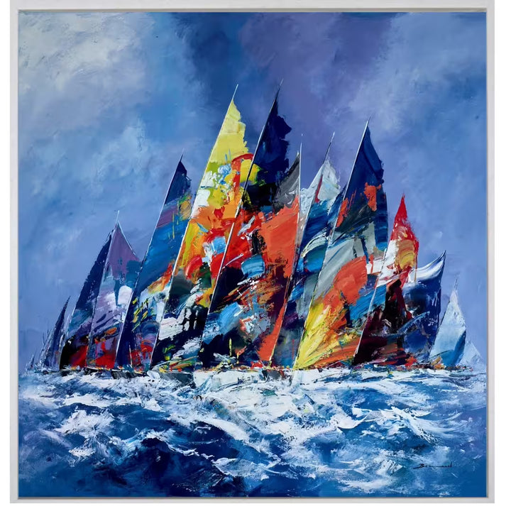 Colorful sailboats painting with dynamic waves and sky, Nautical Joy III by Bernard