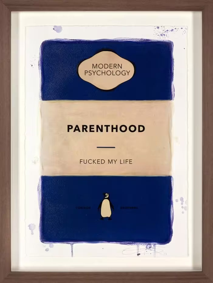 A limited edition framed print by The Connor Brothers of a penguin book cover with a witty line across the front, the title is Parenthood (Blue)
