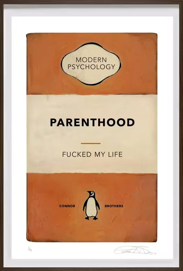 A limited edition framed print by The Connor Brothers of a penguin book cover with a witty line across the front, the title is Parenthood (Orange)