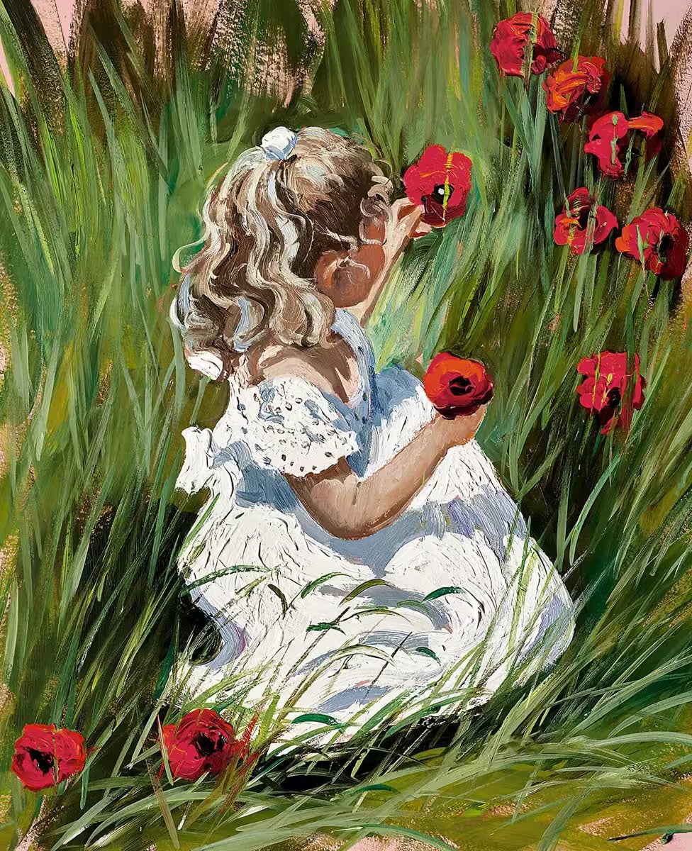 A Sherree Valentine Daines limited edition of a girl in a white dress kneeling picking poppies, the title is Poppy Daydream