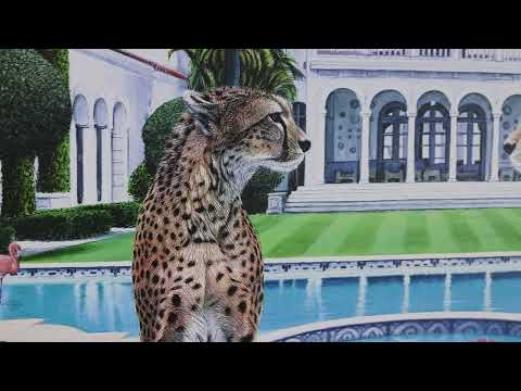 A Steve Tandy limited edition of two cheetahs sat by a pool with drinks, the title is Palm Beach Gossip 