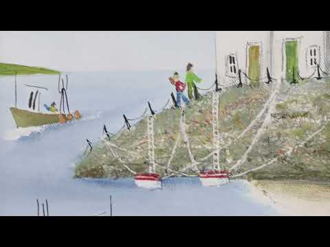 A Rebecca Lardner limited edition of a few houses on a stone cliff behind a beach with boats pulling in and people, the title is Harbour Hideaway II