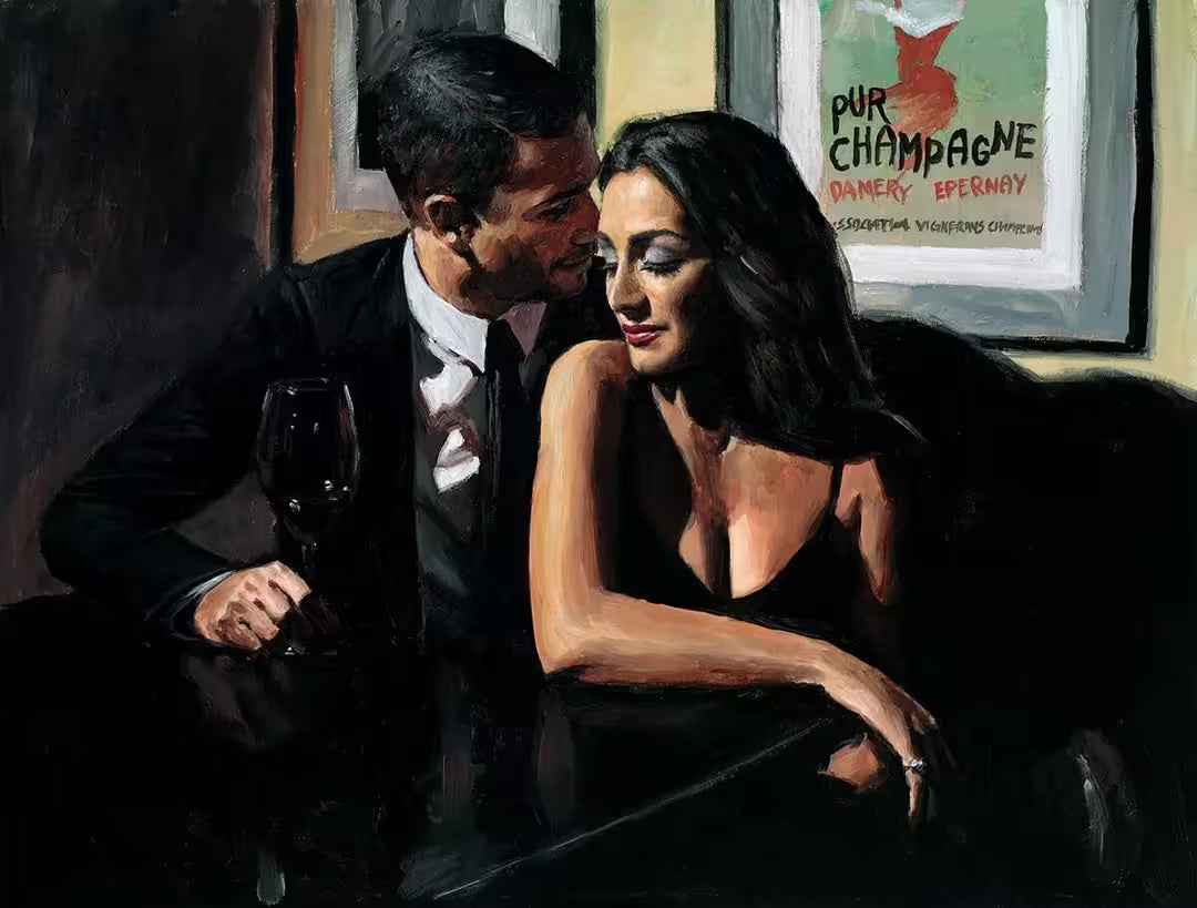 A Fabian Perez limited edition piece of a man and woman set next to each other sharing a drink, the title is Proposal at Hotel Du Vin