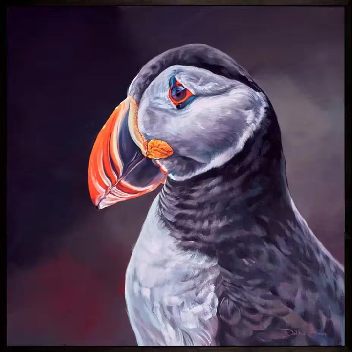 A Debbie Boon framed original of a puffin, the title is Puffin- Close Up
