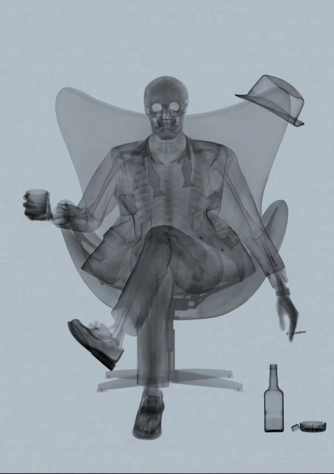 A limited edition Chromaluxe print by Nick Veasey of an X-Rayed ratpack member sat on a big chair with a drink in their hand, the title is Rat Pack Grey