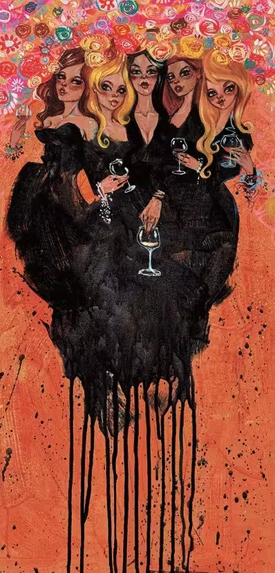 A Todd White limited edition of five women dressed in black with roses around their heads, the title is Roses on Parade