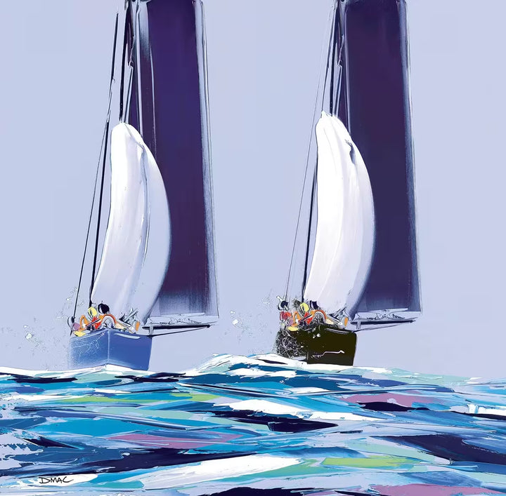 A Duncan MacGregor limited editions of two sailing boats on choppy waters, the title is Sailing Into The Blue