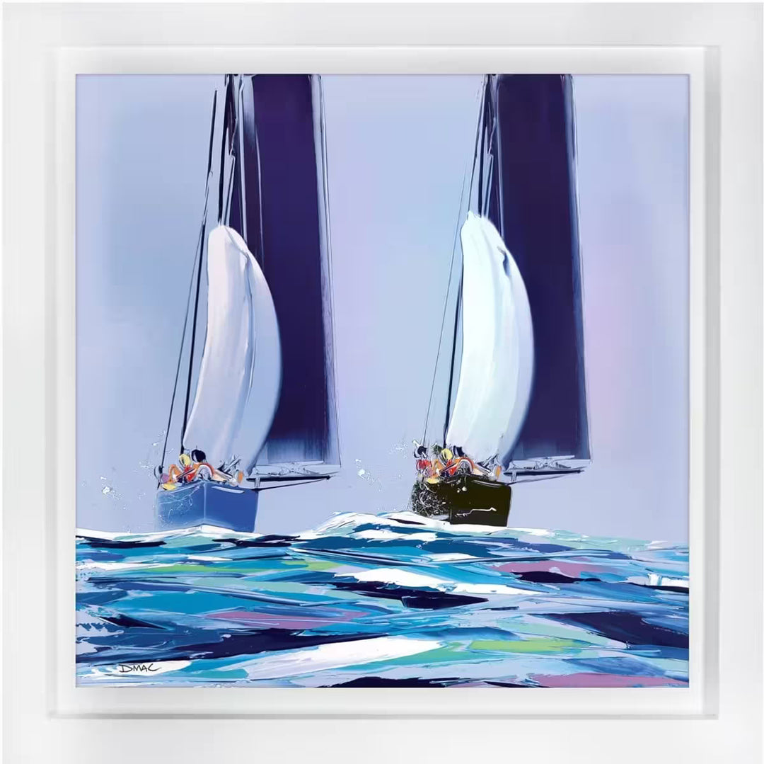 A Duncan MacGregor limited editions of two sailing boats on choppy waters, the title is Sailing Into The Blue