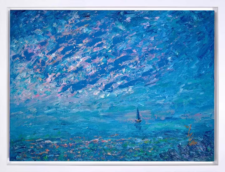 Abstract painting with blue and purple tones in a white frame titled Sailing Serenity II by Inam