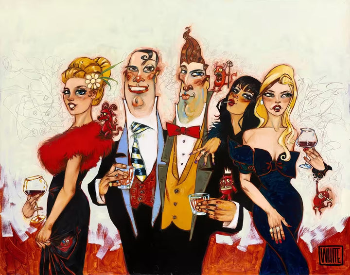 A Todd White limited edition of well dressed men and women with cartoon devils climbing over them, the title is Same Hell Different Devils