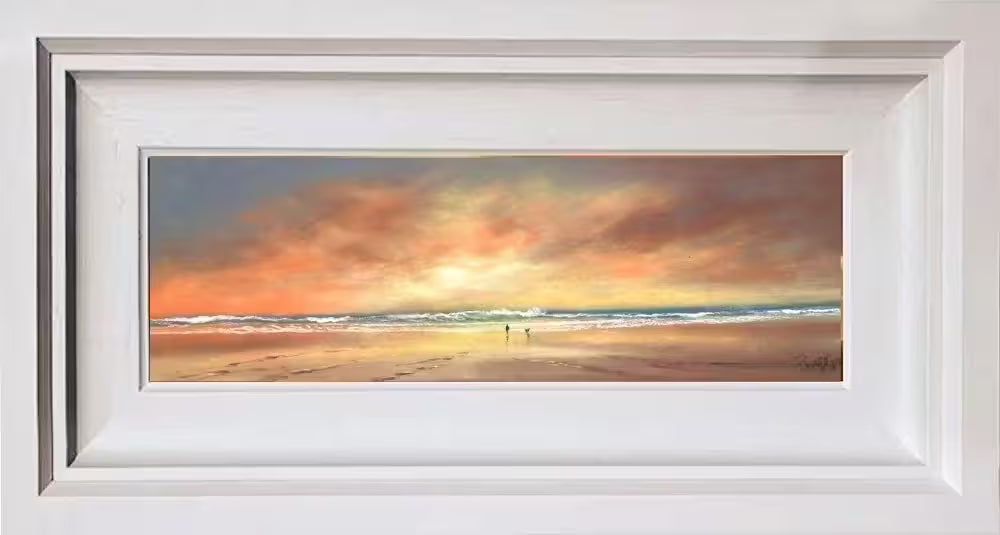 A Philip Gray framed original of a bright orange sunset in front of a beach with the tide coming in, the title is Seaside Storm III