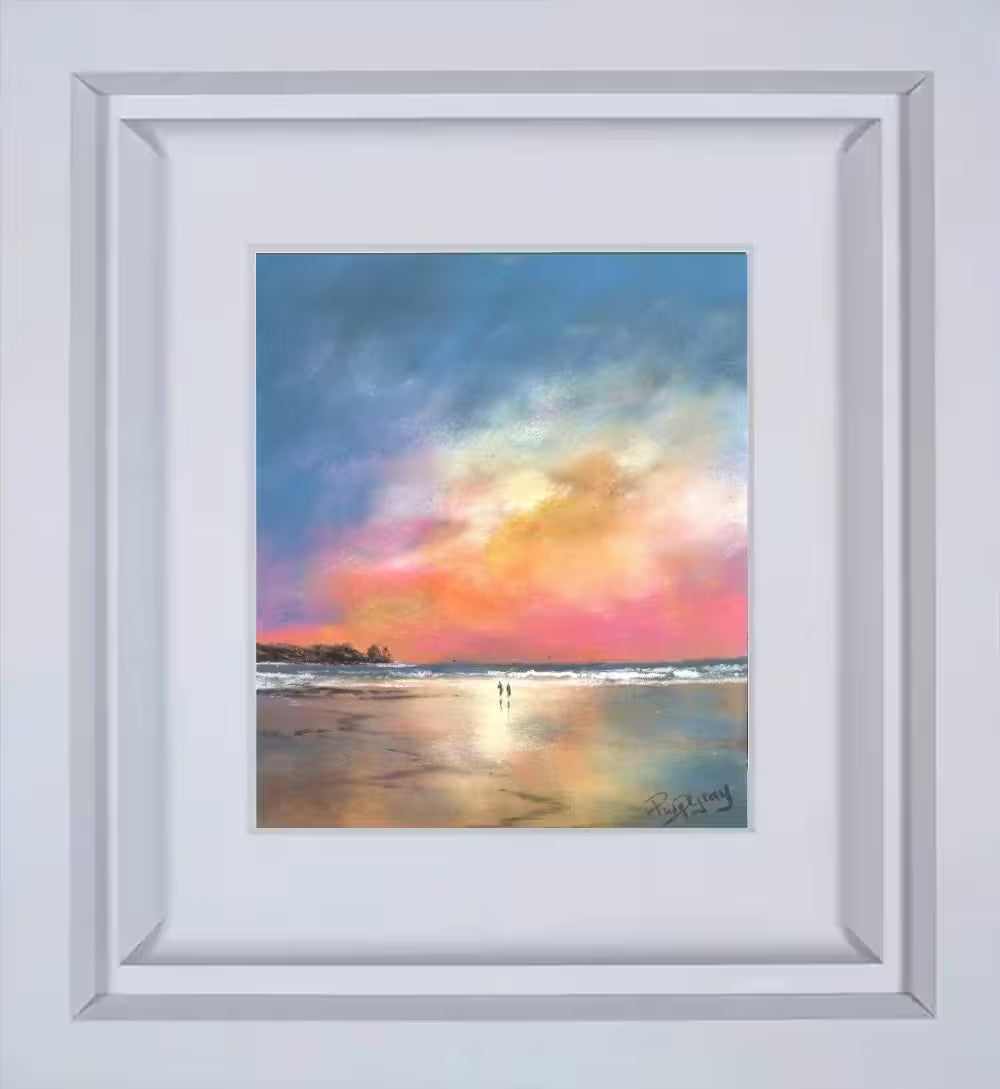 A Philip Gray framed original of a pink and orange sunset on a calm beach with two people walking, the title is Seaside Storm IV
