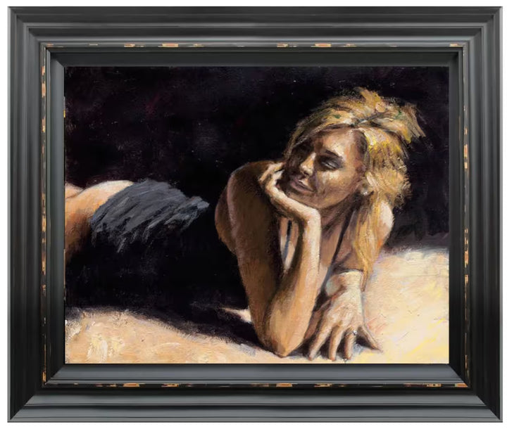 A Fabian Perez framed limited edition of a blonde woman laying on a bed, the title is Second Blomde