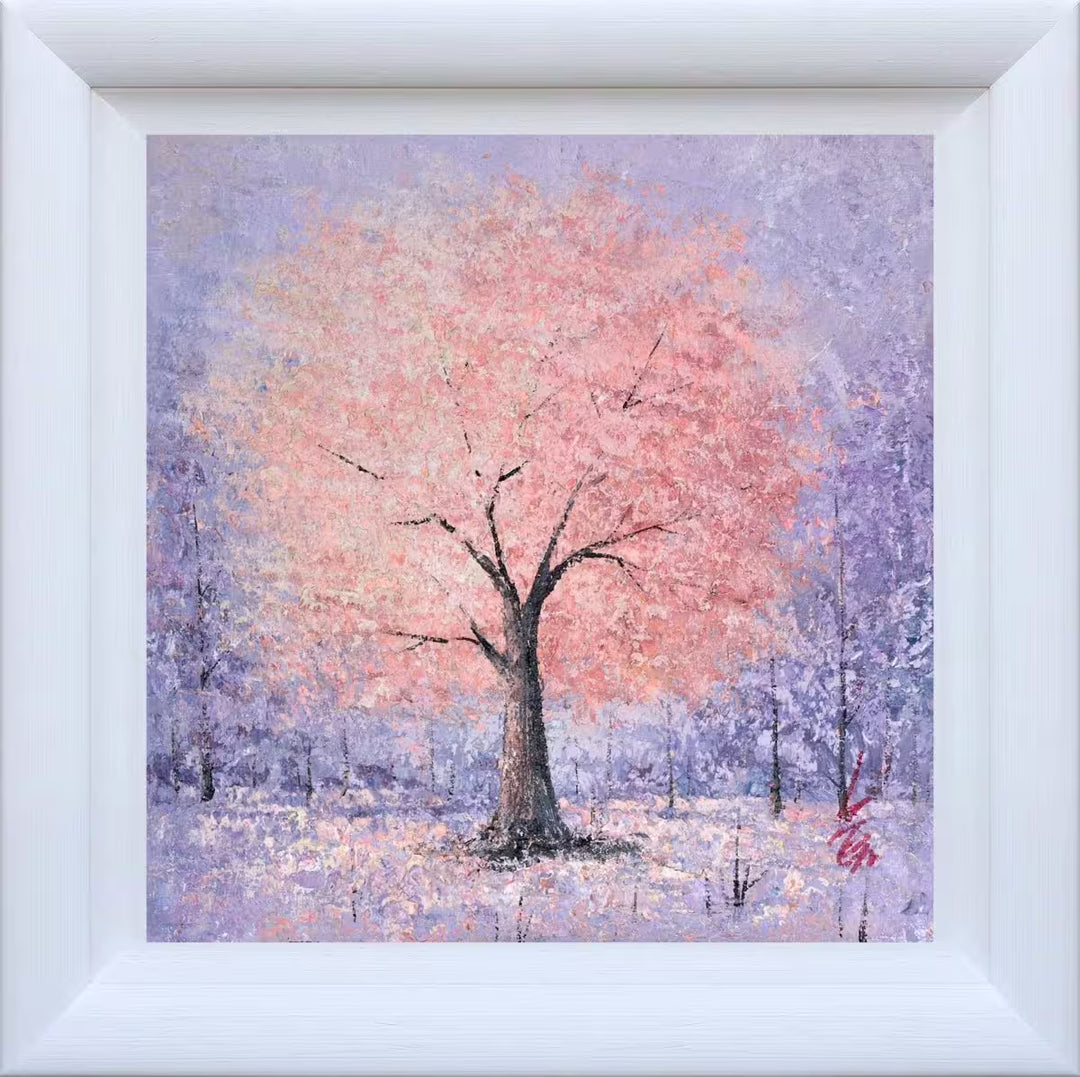 Framed artwork of a tree with pink blossoms on a purple background, Secret Woodland by Inam